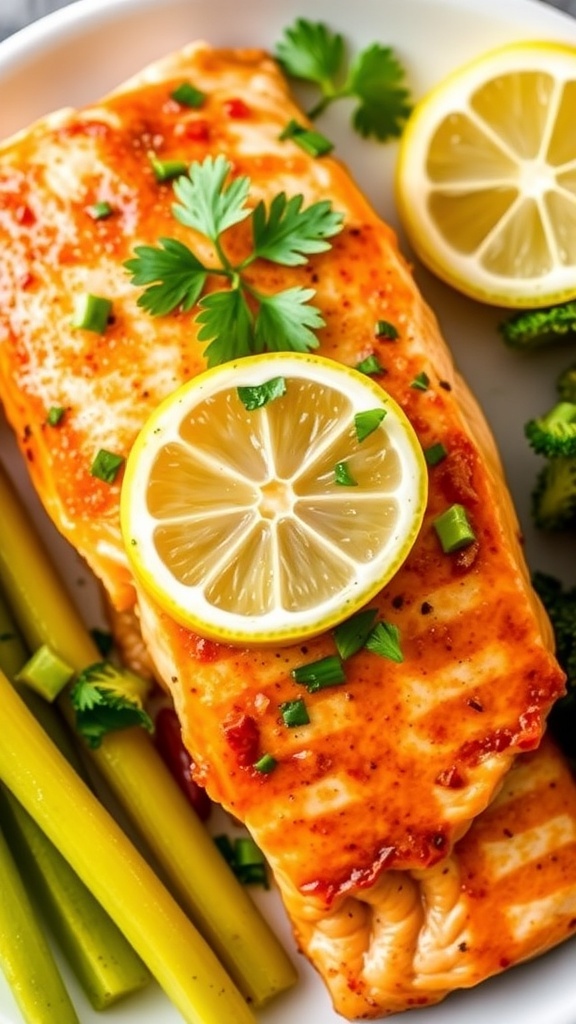 Air Fryer Dijon Mustard Salmon Recipe Air fryer salmon fillet with Dijon mustard glaze, garnished with parsley and lemon on a white plate.
